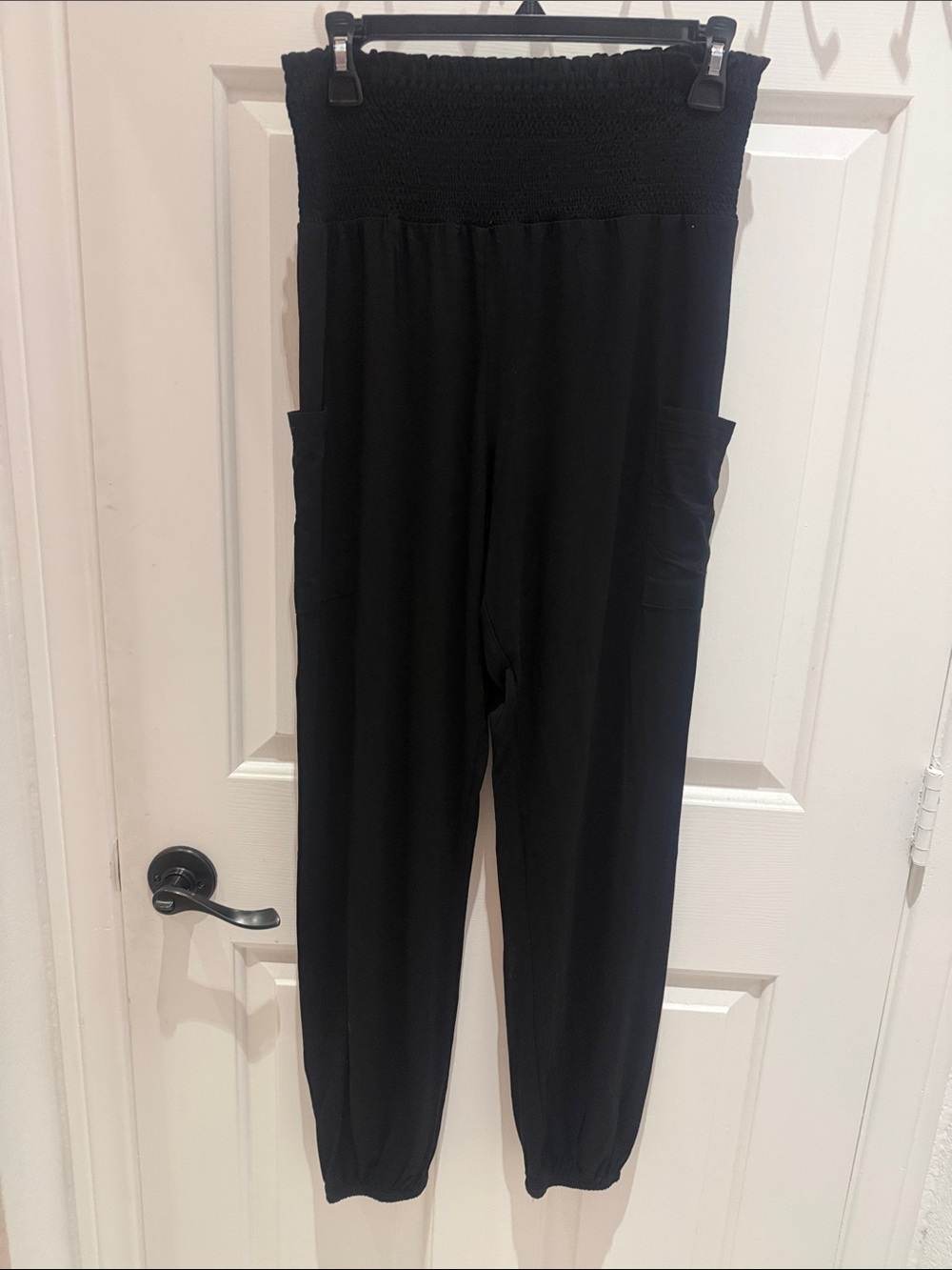 Women's Black Smocked-Waist Jogger Pants with Side Pockets